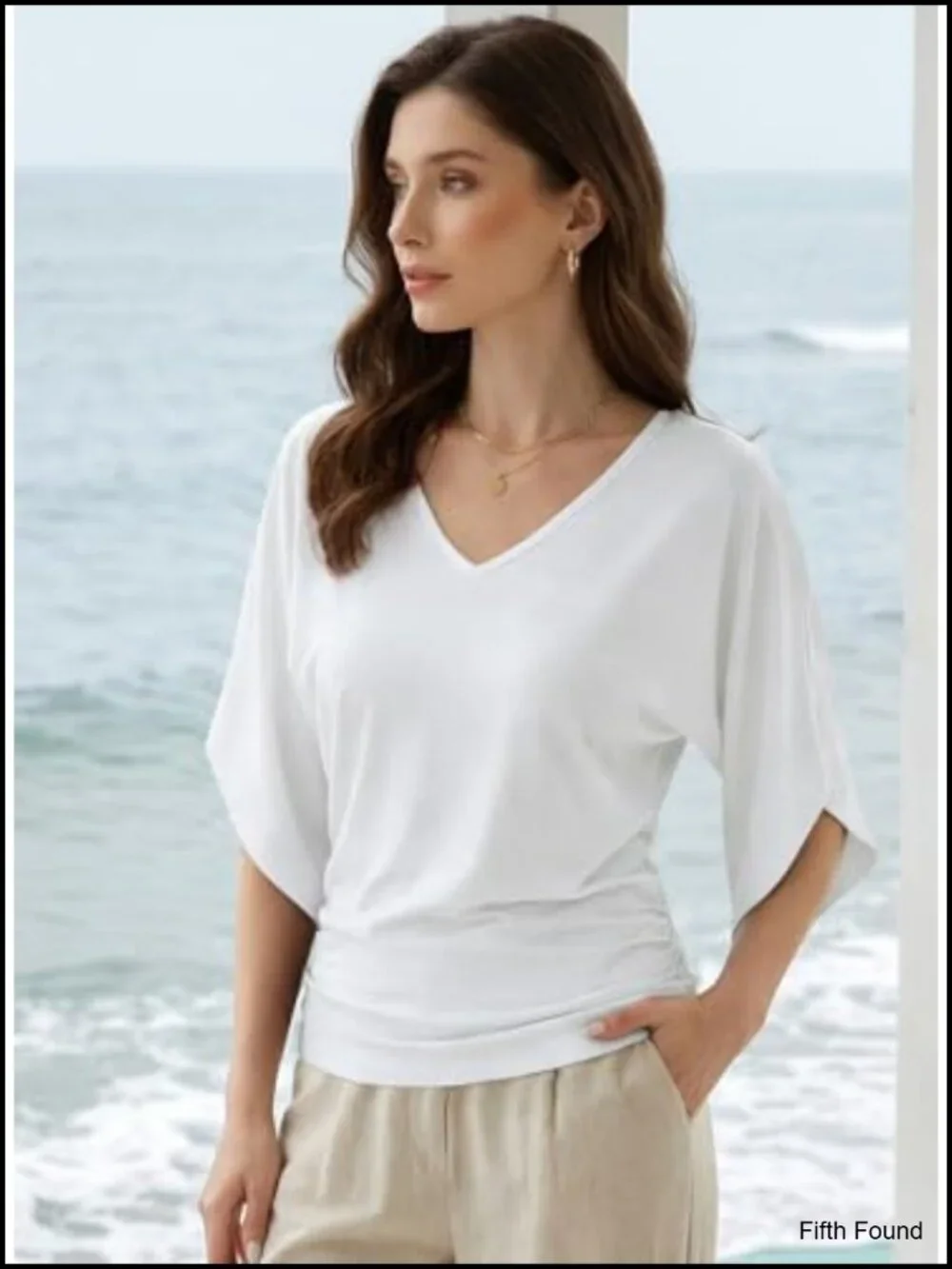 V Neck 3/4 Batwing Sleeve Ruched T-Shirt Blouse Business Work Outfits